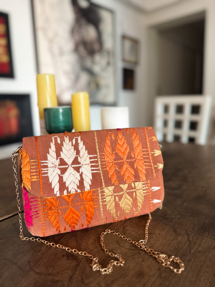 Heera, Notebook Clutch made with Vintage Phulkari Bagh & brass Chain, Medium