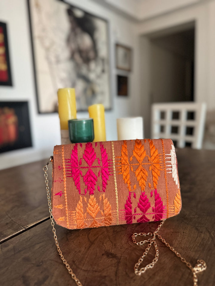 Heera, Notebook Clutch made with Vintage Phulkari Bagh & brass Chain, Medium