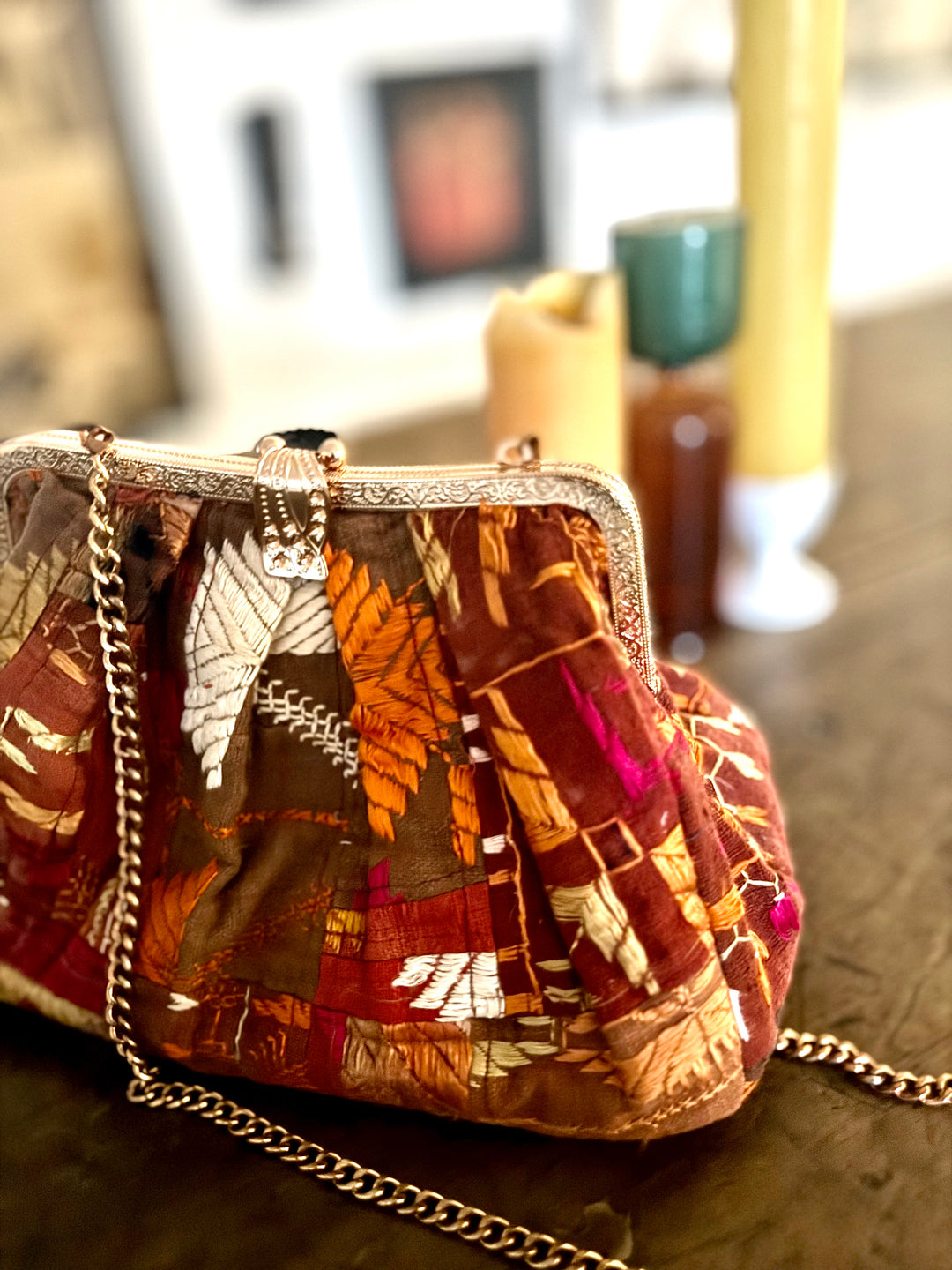 Kriya, Handmade Vintage Phulkari Clasp Handbag, One of a Kind, Medium - kinchecom