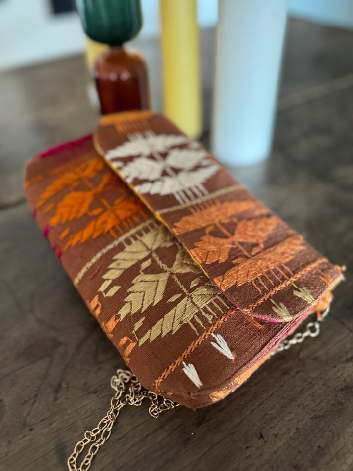 Heera, Notebook Clutch made with Vintage Phulkari Bagh & brass Chain, Medium