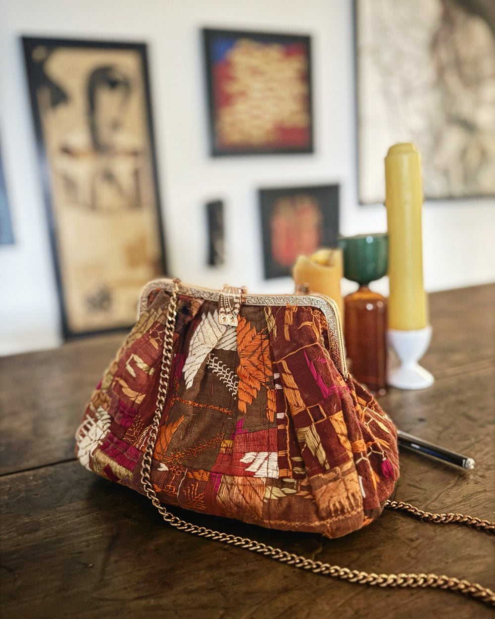 Kriya, Handmade Vintage Phulkari Clasp Handbag, One of a Kind, Medium - kinchecom