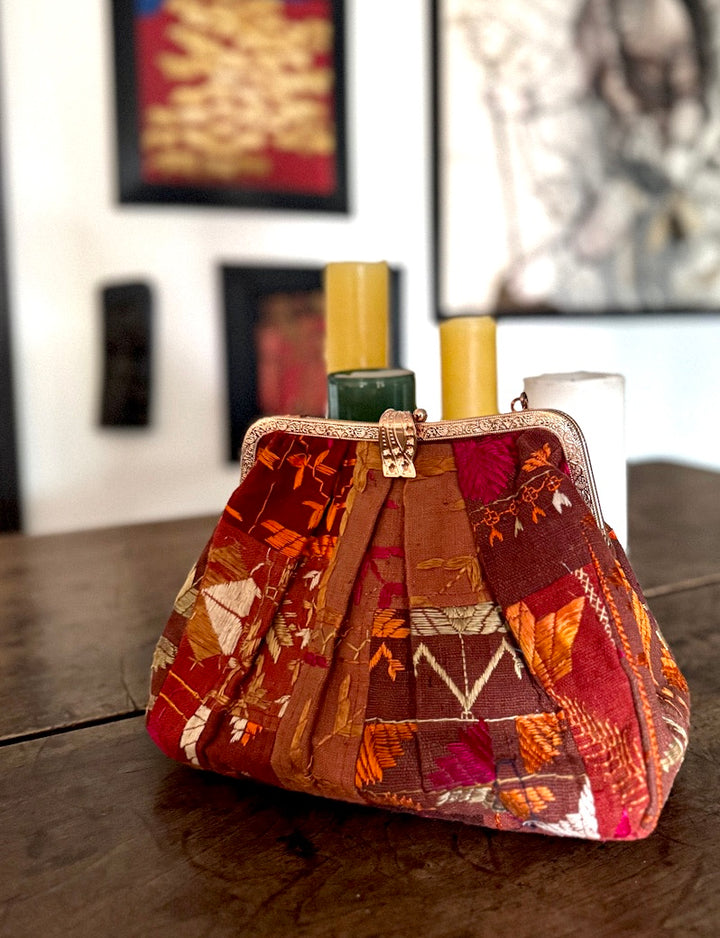 Sehar, Handmade Vintage Phulkari Clasp Handbag, One of a Kind, Medium