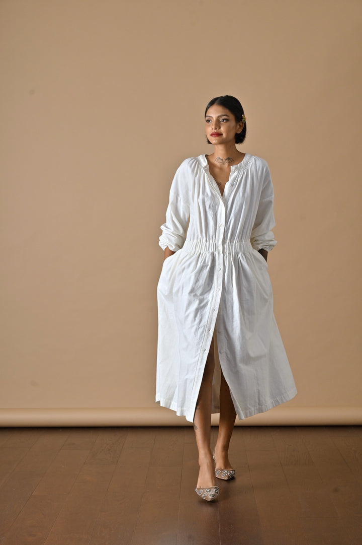 Tulip, Smocked Neckline Flared  Dress, Made with Khadi Fabric - kinchecom