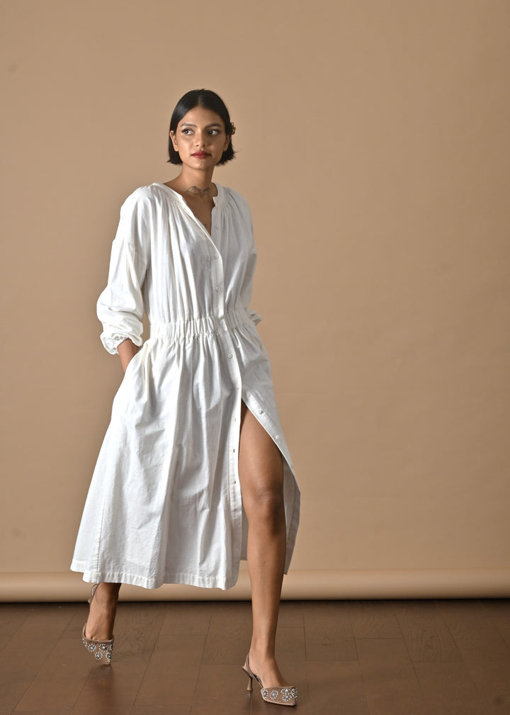Tulip, Smocked Neckline Flared  Dress, Made with Khadi Fabric - kinchecom