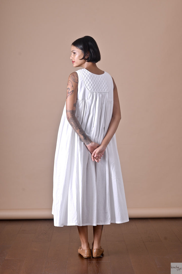 Tara, Handmade Quilted Yolk, Long  Dress in White - kinchecom