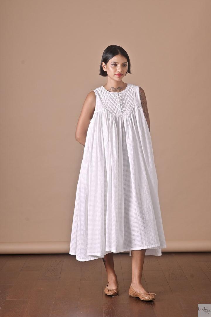 Tara, Handmade Quilted Yolk, Long  Dress in White - kinchecom