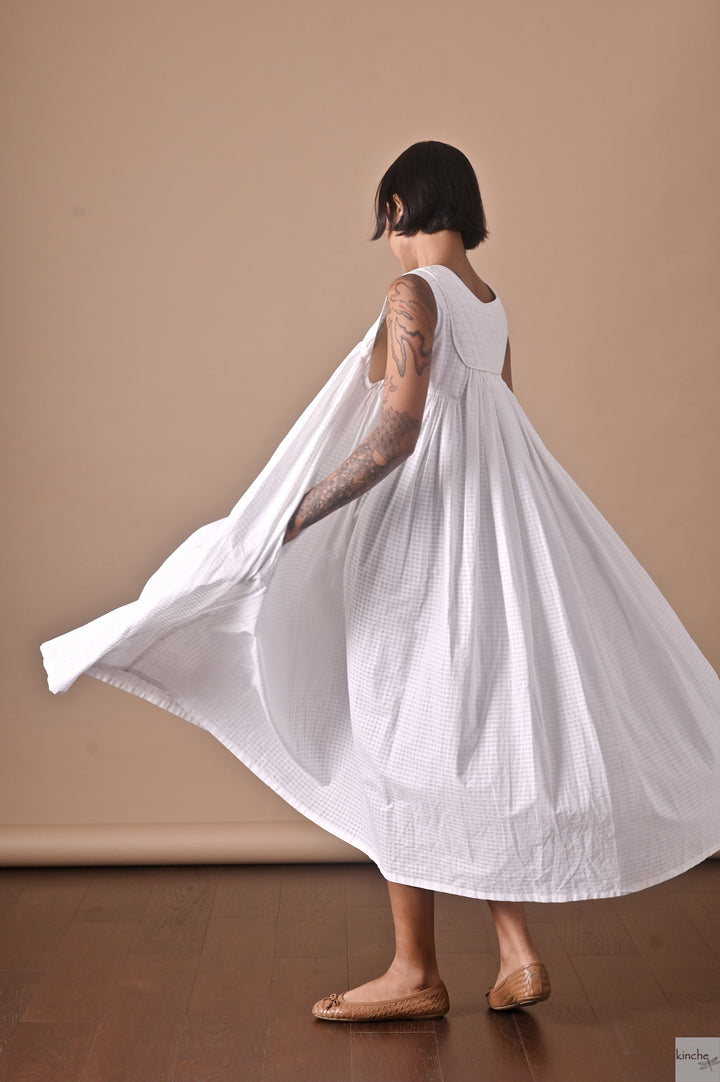 Tara, Handmade Quilted Yolk, Long  Dress in White - kinchecom