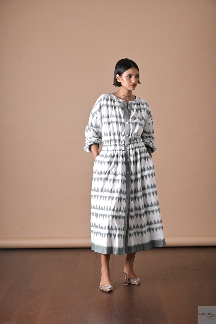 Allysa, Ikat Long Shirt Dress, Smocking at Neck and Back - kinchecom