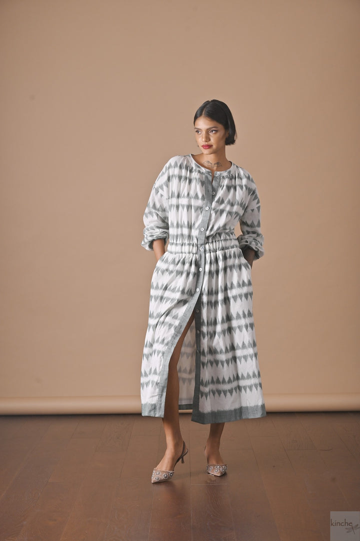 Allysa, Ikat Long Shirt Dress, Smocking at Neck and Back - kinchecom