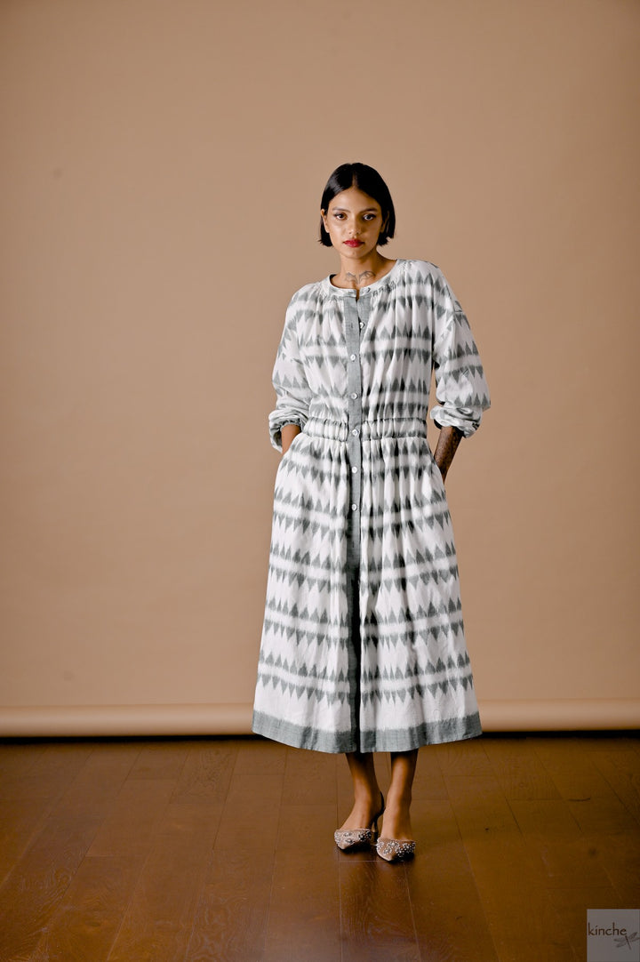 Allysa, Ikat Long Shirt Dress, Smocking at Neck and Back - kinchecom