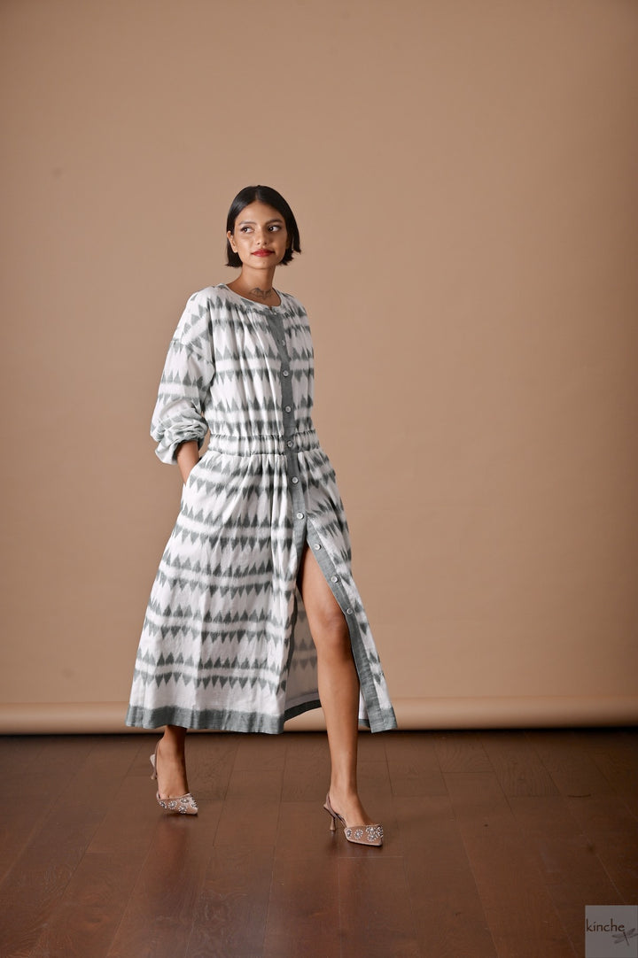 Allysa, Ikat Long Shirt Dress, Smocking at Neck and Back - kinchecom