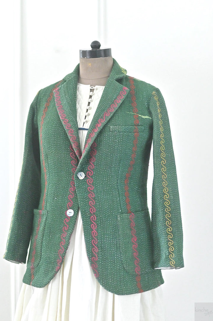 Ashley, Women's Stylish Kantha Quilted Blazer in Dark Green, Medium - kinchecom