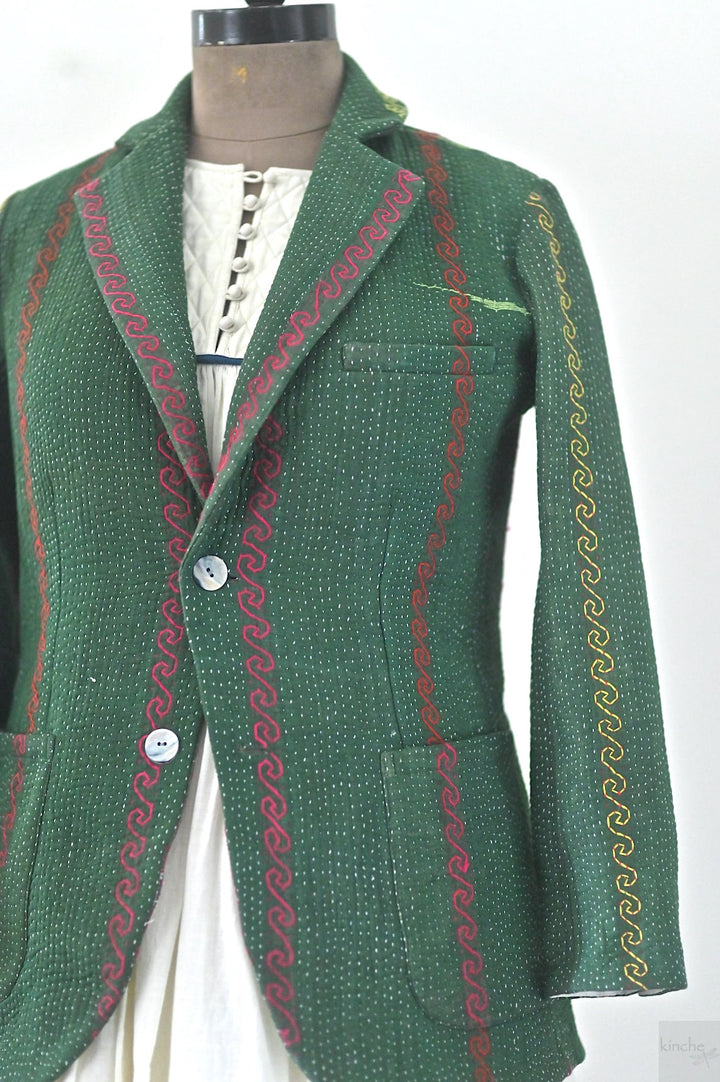 Ashley, Women's Stylish Kantha Quilted Blazer in Dark Green, Medium - kinchecom