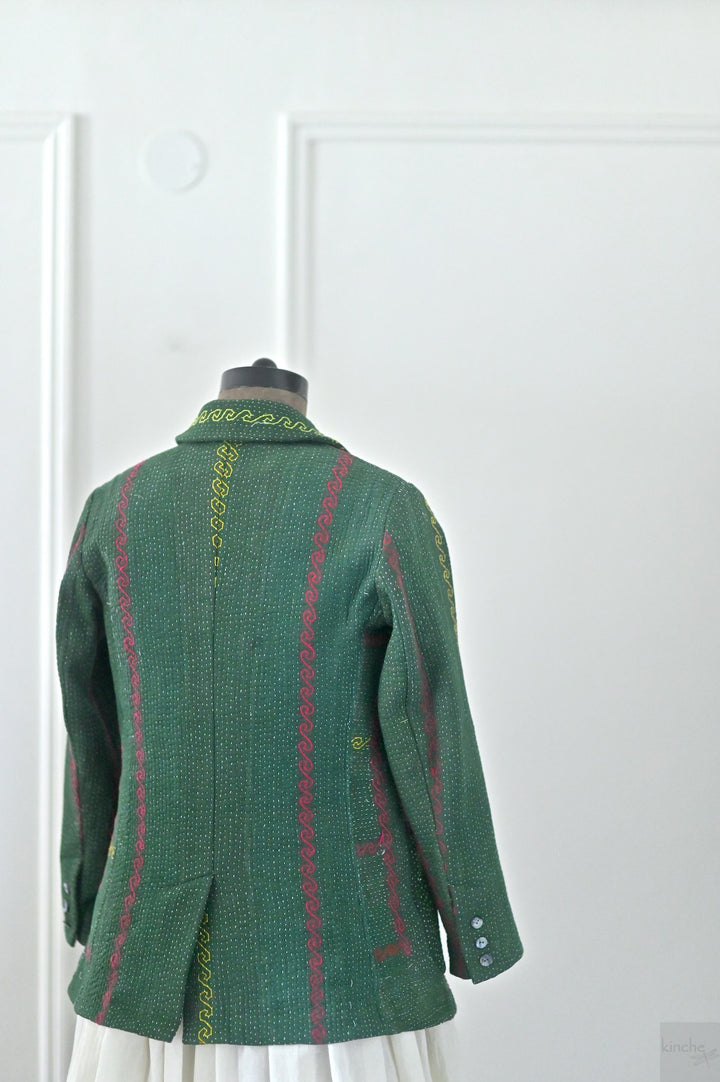 Ashley, Women's Stylish Kantha Quilted Blazer in Dark Green, Medium - kinchecom