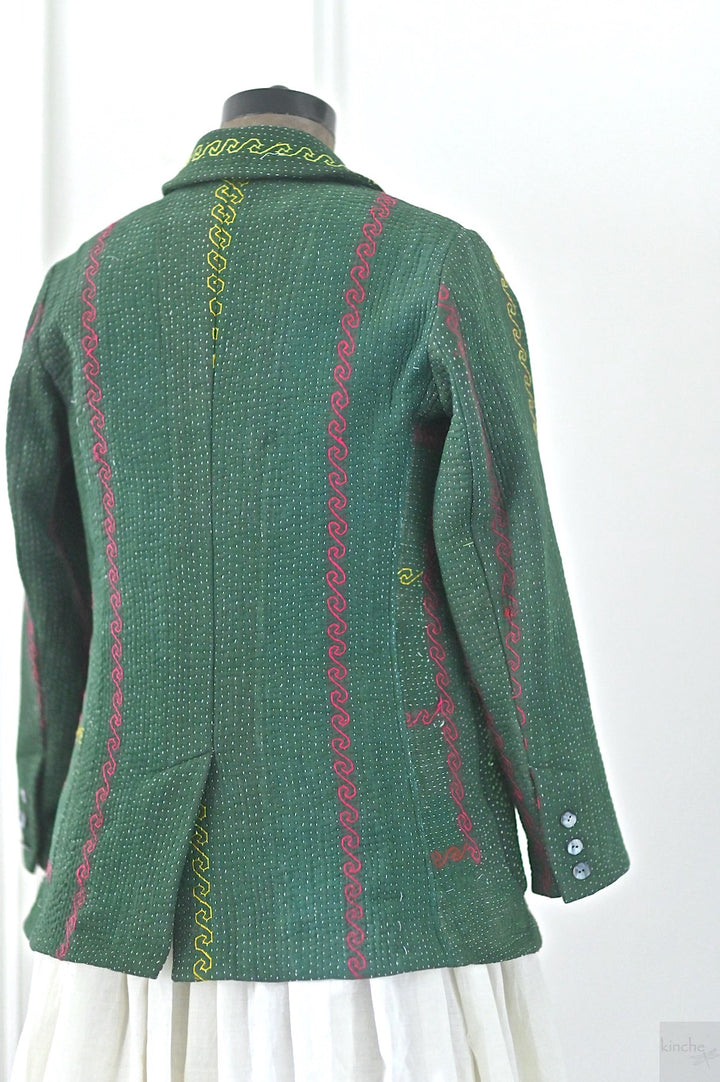 Ashley, Women's Stylish Kantha Quilted Blazer in Dark Green, Medium - kinchecom