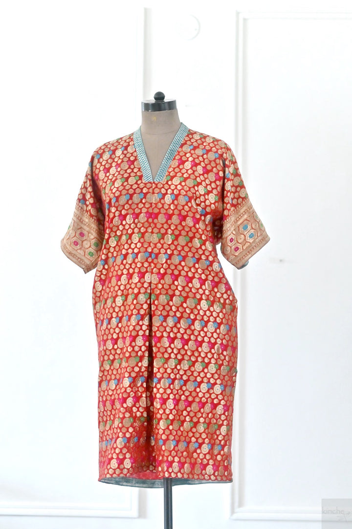 XL, Izmir, Handmade Upcycled Silk Zari Saree Kaftan Dress, One of a Kind - kinchecom