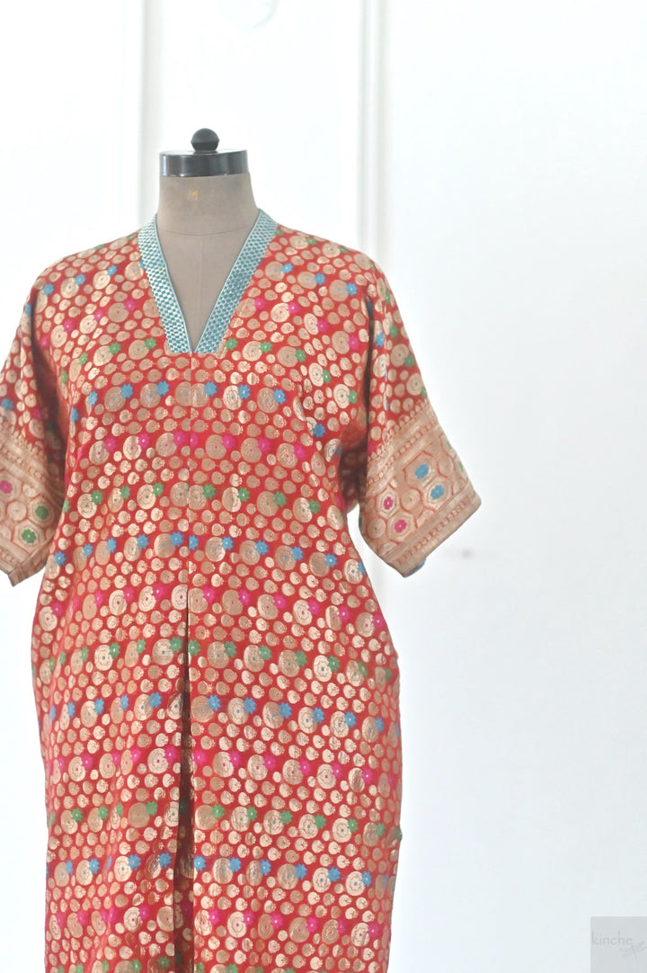 XL, Izmir, Handmade Upcycled Silk Zari Saree Kaftan Dress, One of a Kind - kinchecom
