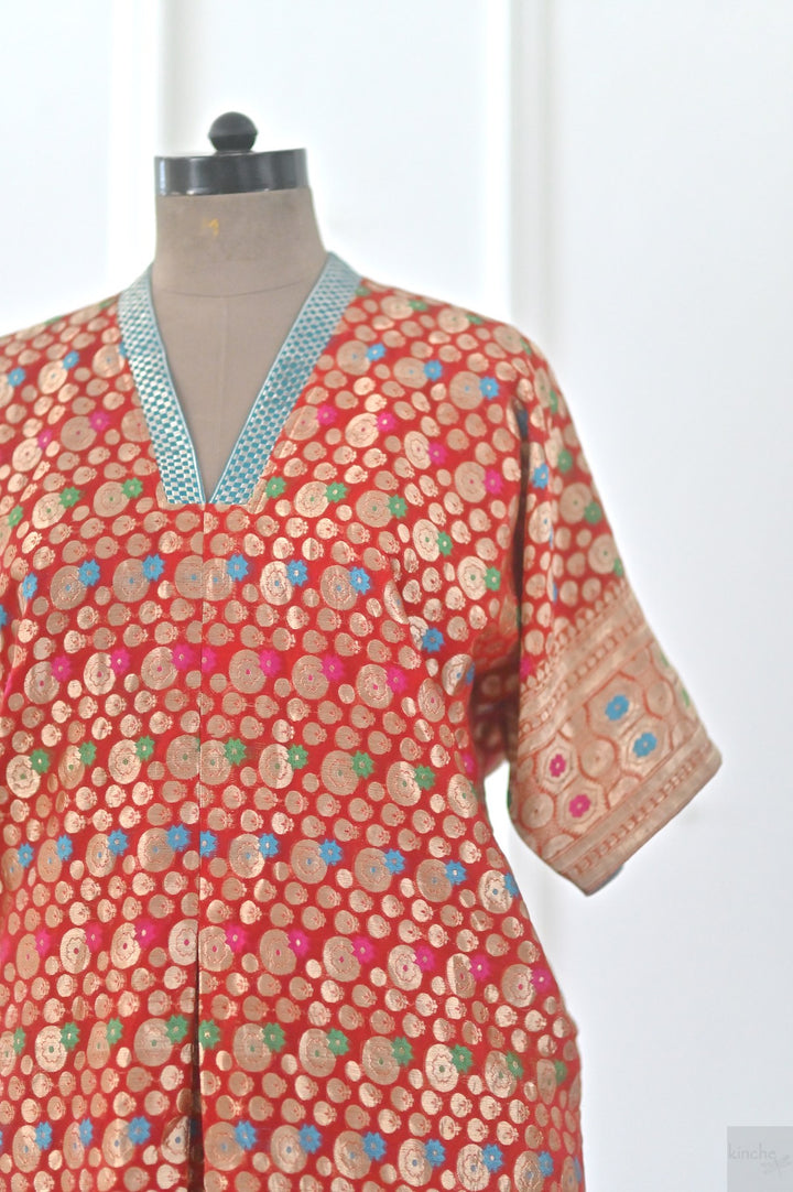 XL, Izmir, Handmade Upcycled Silk Zari Saree Kaftan Dress, One of a Kind - kinchecom
