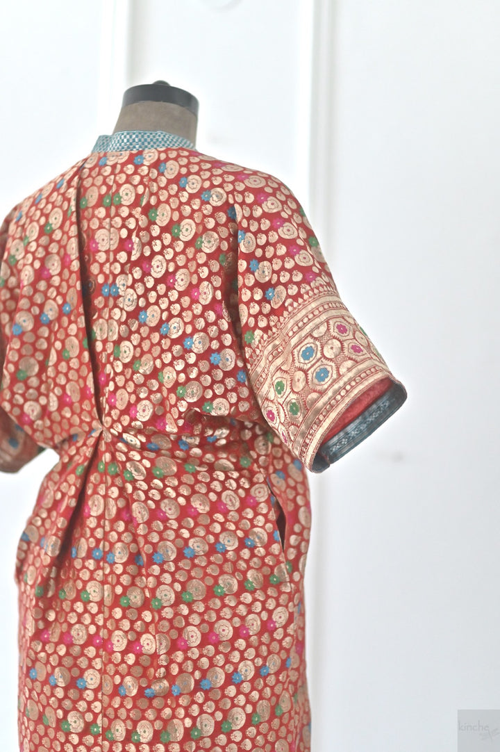 XL, Izmir, Handmade Upcycled Silk Zari Saree Kaftan Dress, One of a Kind - kinchecom