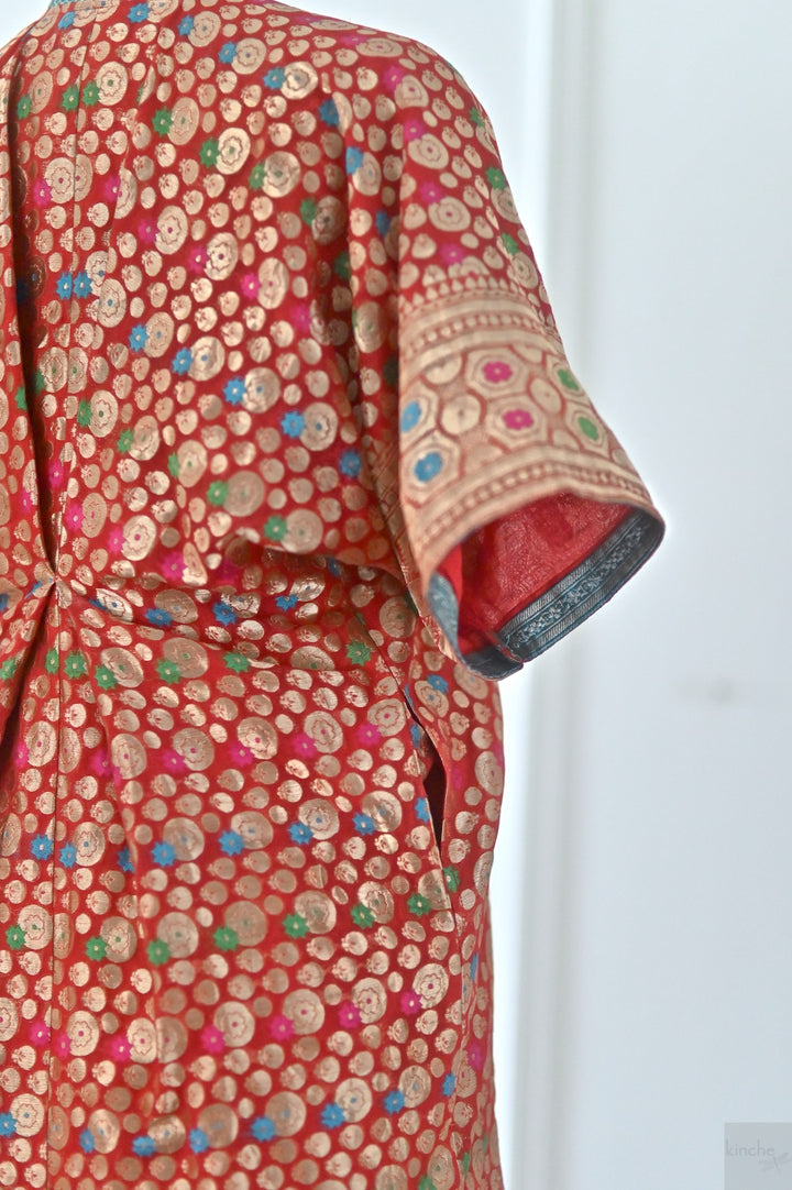 XL, Izmir, Handmade Upcycled Silk Zari Saree Kaftan Dress, One of a Kind - kinchecom