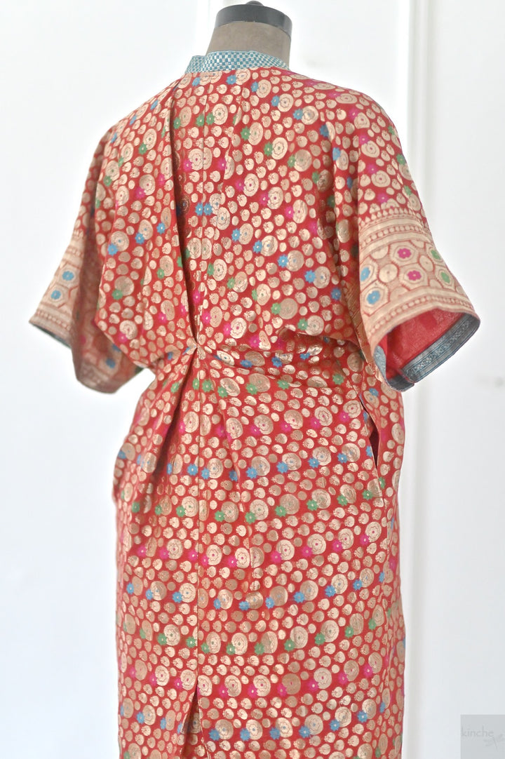 XL, Izmir, Handmade Upcycled Silk Zari Saree Kaftan Dress, One of a Kind - kinchecom