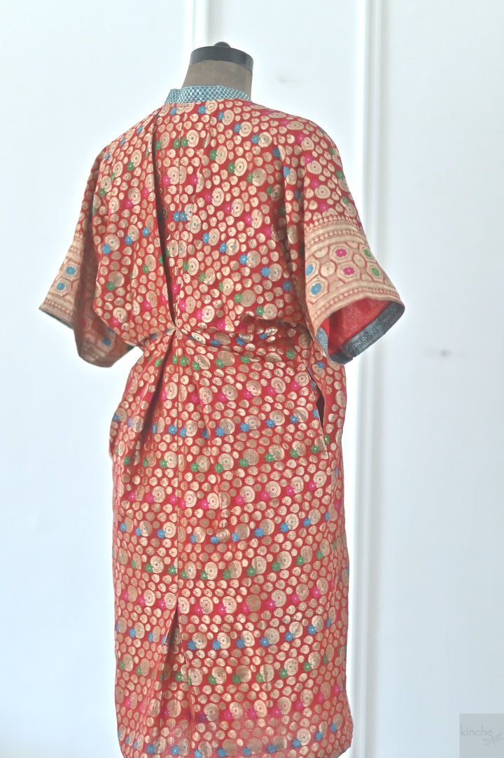 XL, Izmir, Handmade Upcycled Silk Zari Saree Kaftan Dress, One of a Kind - kinchecom
