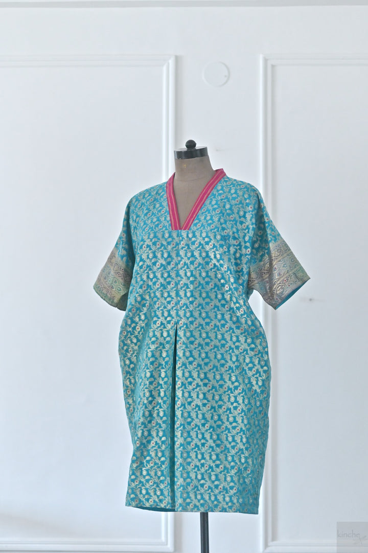 One of a Kind, Istanbul, Turquoise Silk Zari Kaftan Dress - kinchecom