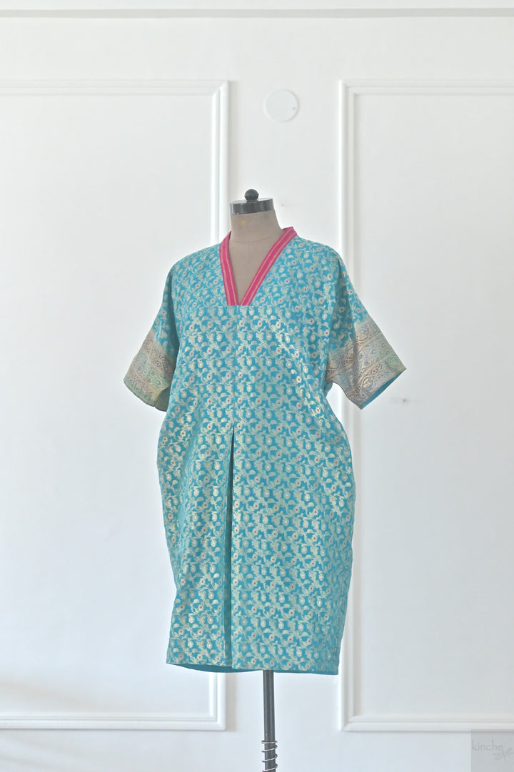 One of a Kind, Istanbul, Turquoise Silk Zari Kaftan Dress - kinchecom
