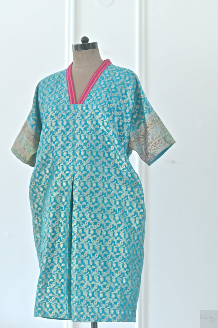 One of a Kind, Istanbul, Turquoise Silk Zari Kaftan Dress - kinchecom