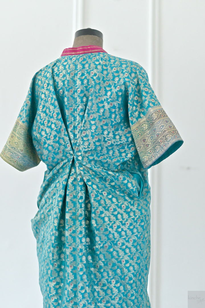 One of a Kind, Istanbul, Turquoise Silk Zari Kaftan Dress - kinchecom