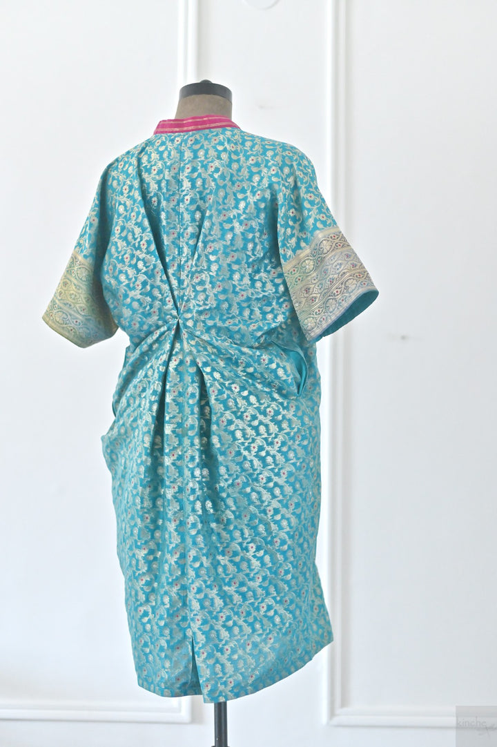 One of a Kind, Istanbul, Turquoise Silk Zari Kaftan Dress - kinchecom