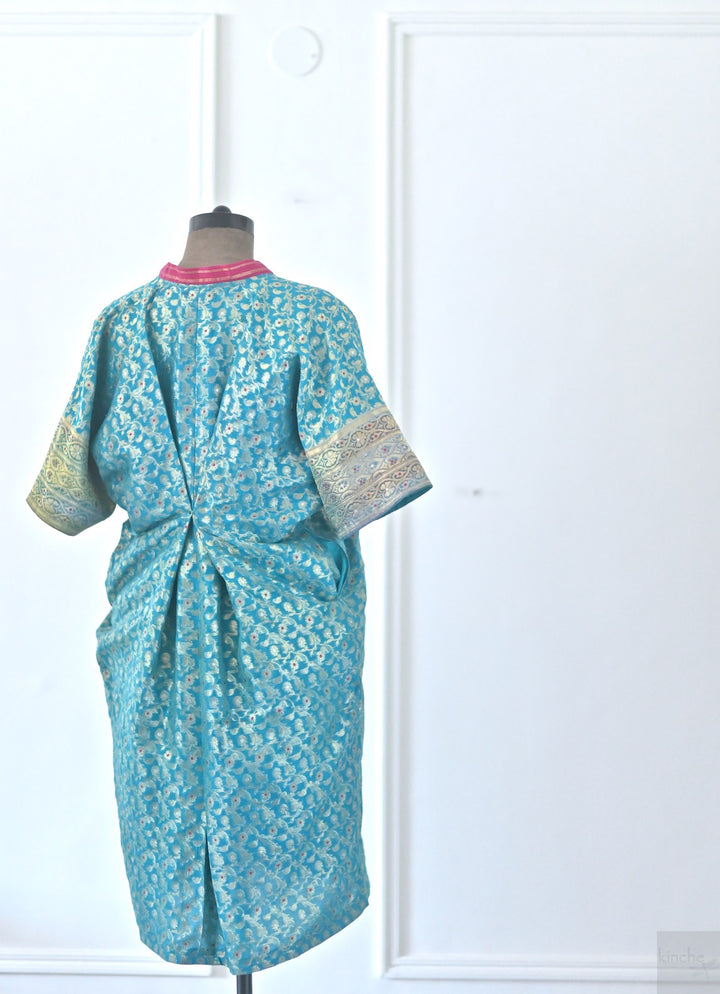 One of a Kind, Istanbul, Turquoise Silk Zari Kaftan Dress - kinchecom