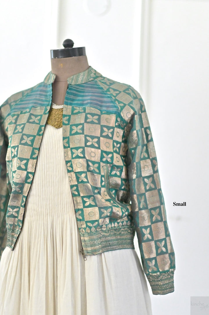 Turquoise, Rare weave pattern Bomber Jacket in Silk Zari, S & L - kinchecom