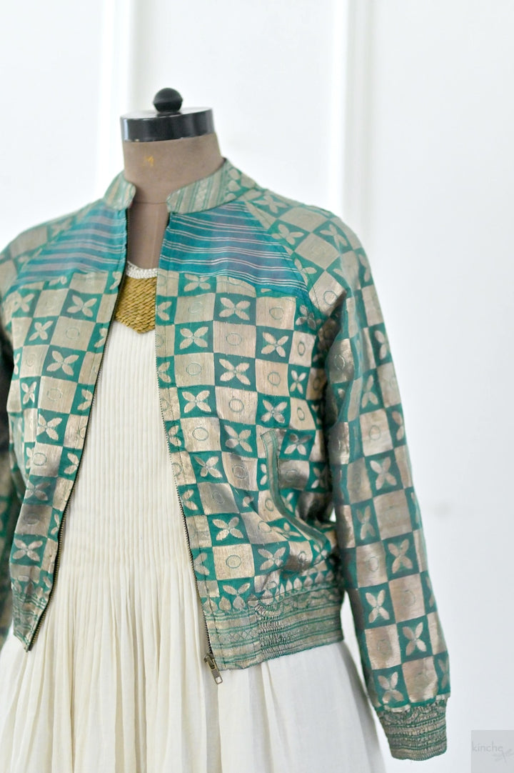 Turquoise, Rare weave pattern Bomber Jacket in Silk Zari, S & L - kinchecom