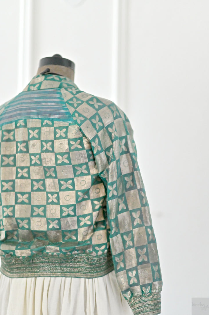 Turquoise, Rare weave pattern Bomber Jacket in Silk Zari, S & L - kinchecom