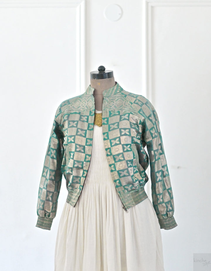 Turquoise, Rare weave pattern Bomber Jacket in Silk Zari, S & L - kinchecom
