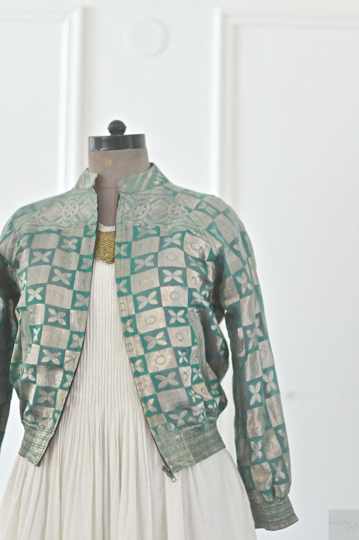 Turquoise, Rare weave pattern Bomber Jacket in Silk Zari, S & L - kinchecom
