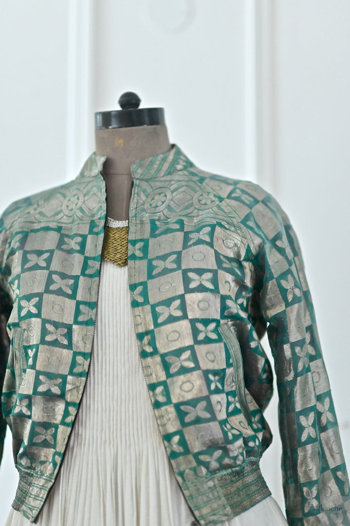 Turquoise, Rare weave pattern Bomber Jacket in Silk Zari, S & L - kinchecom