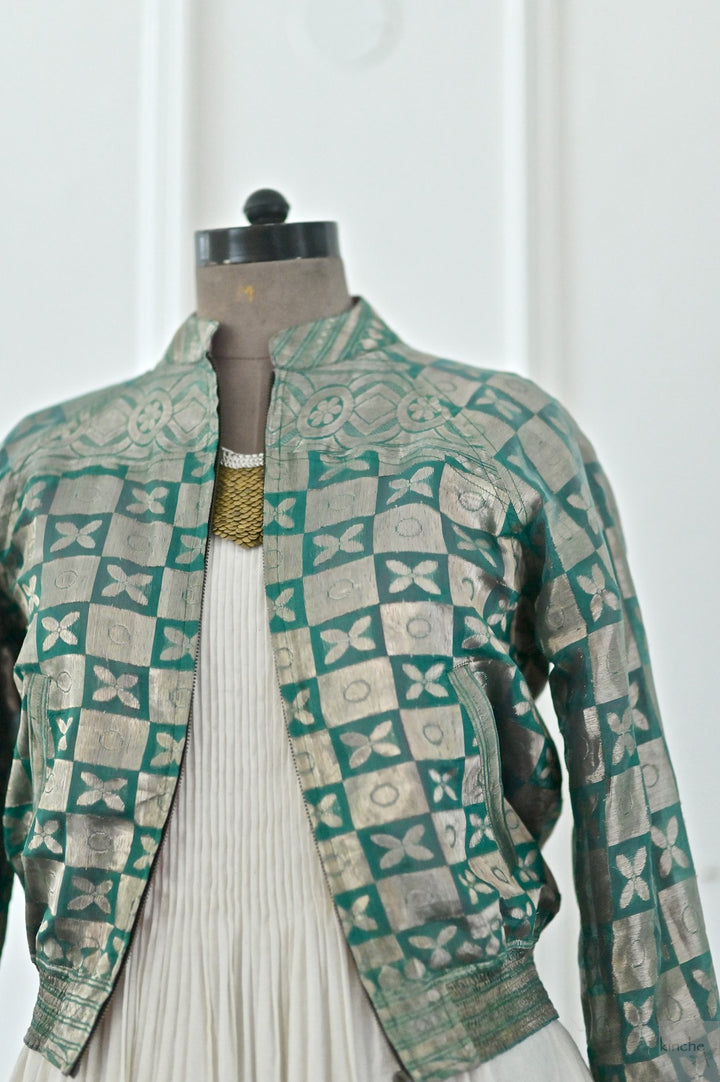 Turquoise, Rare weave pattern Bomber Jacket in Silk Zari, S & L - kinchecom