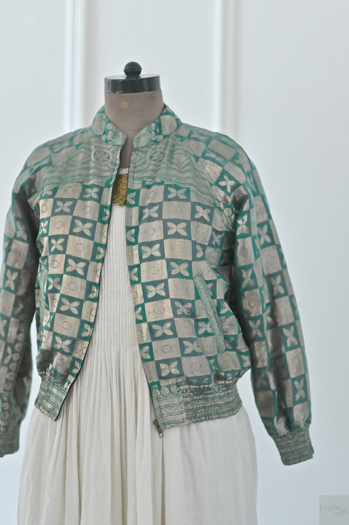 Turquoise, Rare weave pattern Bomber Jacket in Silk Zari, S & L - kinchecom