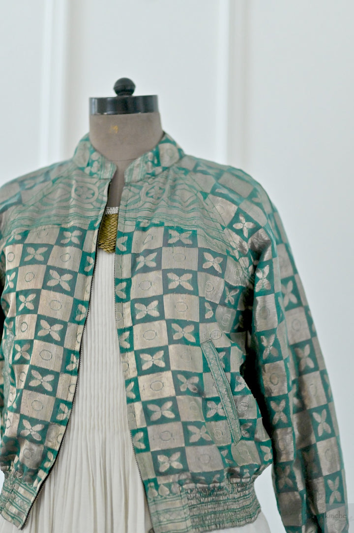 Turquoise, Rare weave pattern Bomber Jacket in Silk Zari, S & L - kinchecom