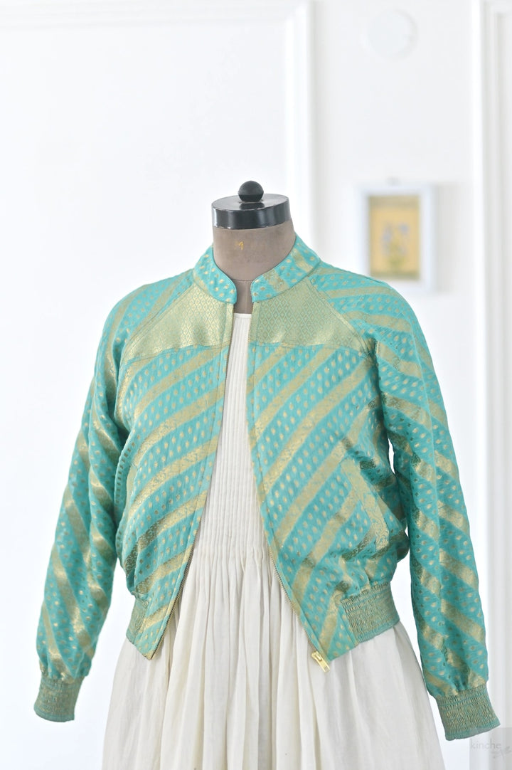 Avni, Size Medium, Zari Silk Organza Bomber in Turquoise, One of a Kind - kinchecom