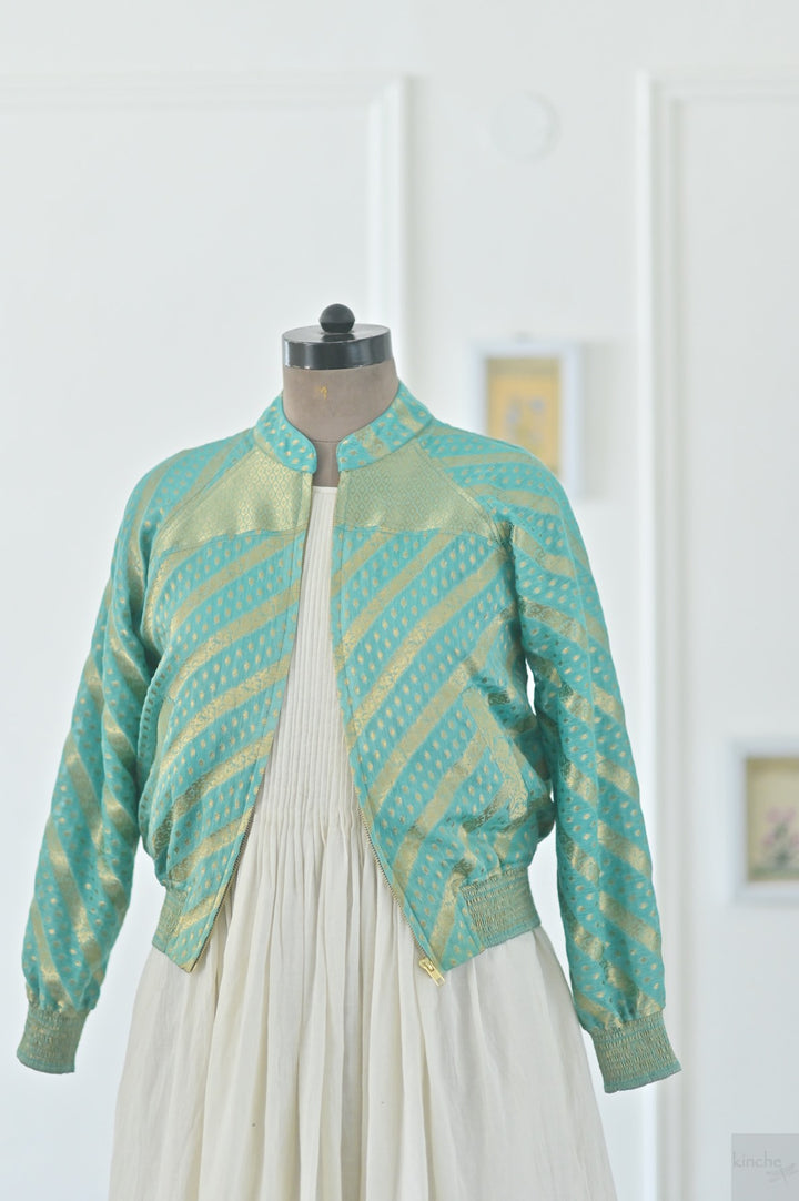 Avni, Size Medium, Zari Silk Organza Bomber in Turquoise, One of a Kind - kinchecom