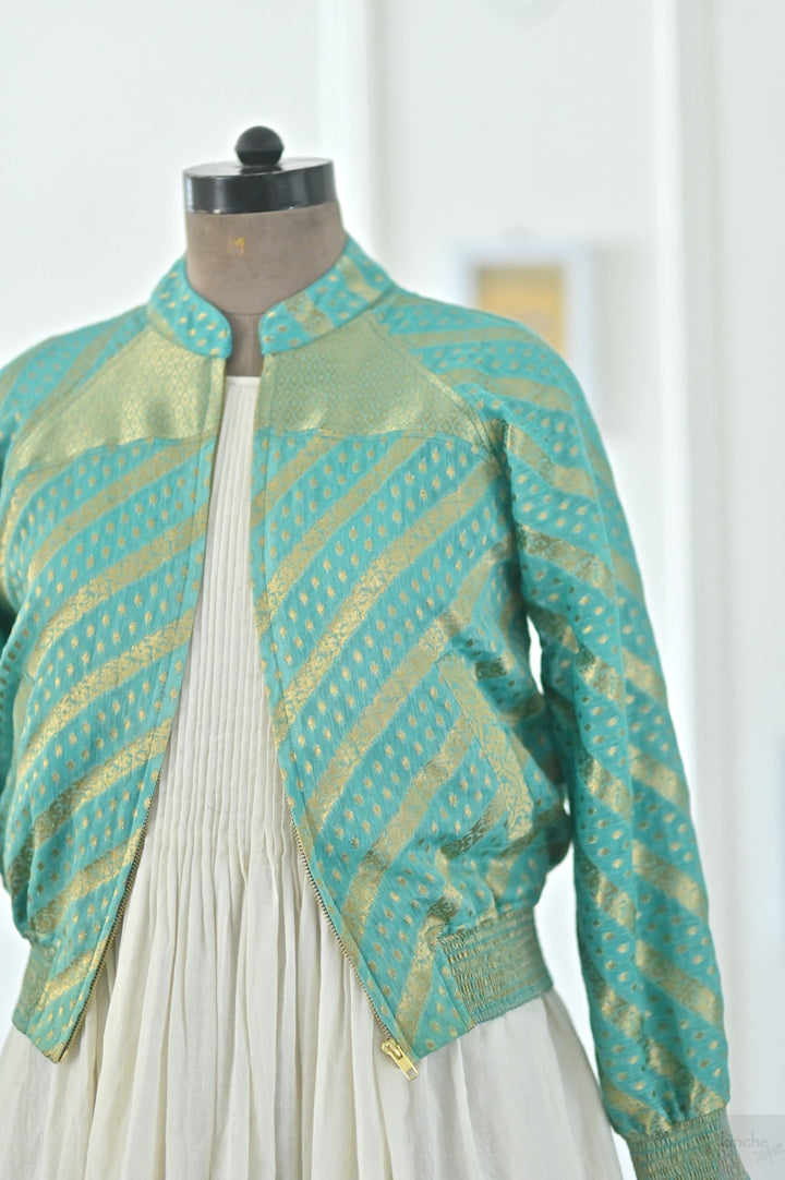 Avni, Size Medium, Zari Silk Organza Bomber in Turquoise, One of a Kind - kinchecom