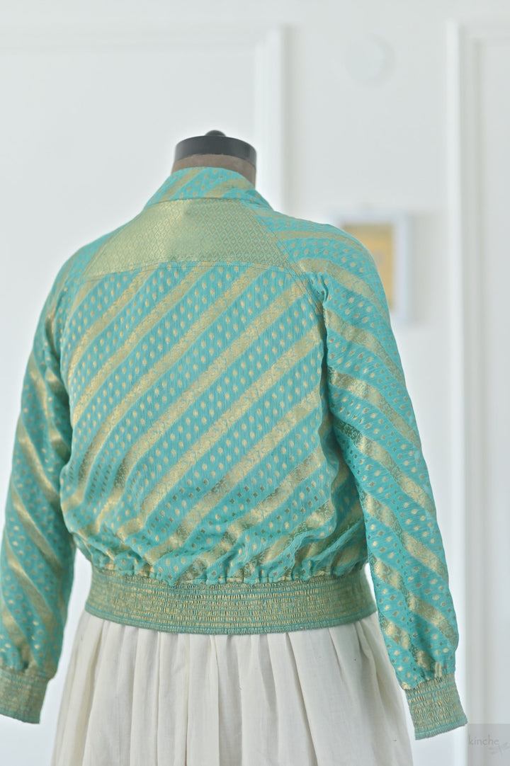 Avni, Size Medium, Zari Silk Organza Bomber in Turquoise, One of a Kind - kinchecom