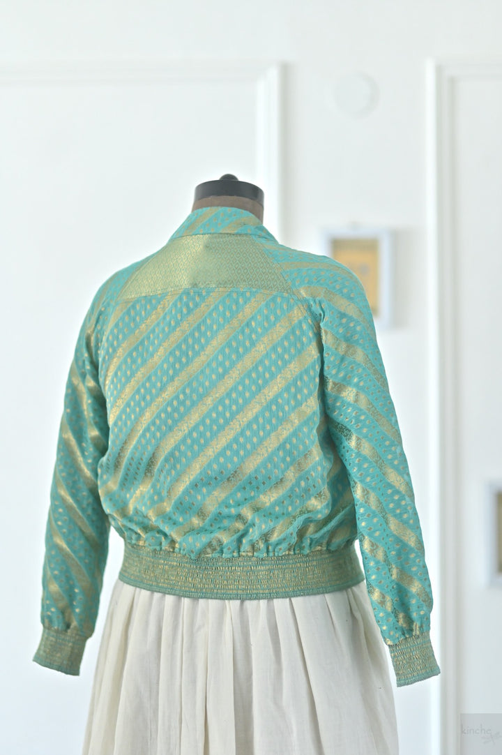 Avni, Size Medium, Zari Silk Organza Bomber in Turquoise, One of a Kind - kinchecom