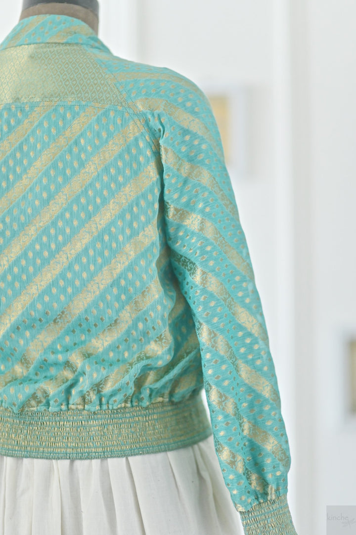 Avni, Size Medium, Zari Silk Organza Bomber in Turquoise, One of a Kind - kinchecom
