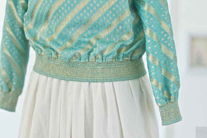 Avni, Size Medium, Zari Silk Organza Bomber in Turquoise, One of a Kind - kinchecom