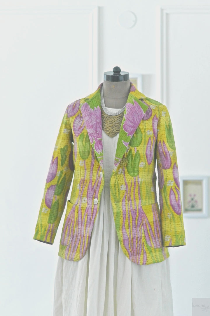 Medium, Noorie, Women's Stylish Kantha Quilted Blazer in Floral Print - kinchecom