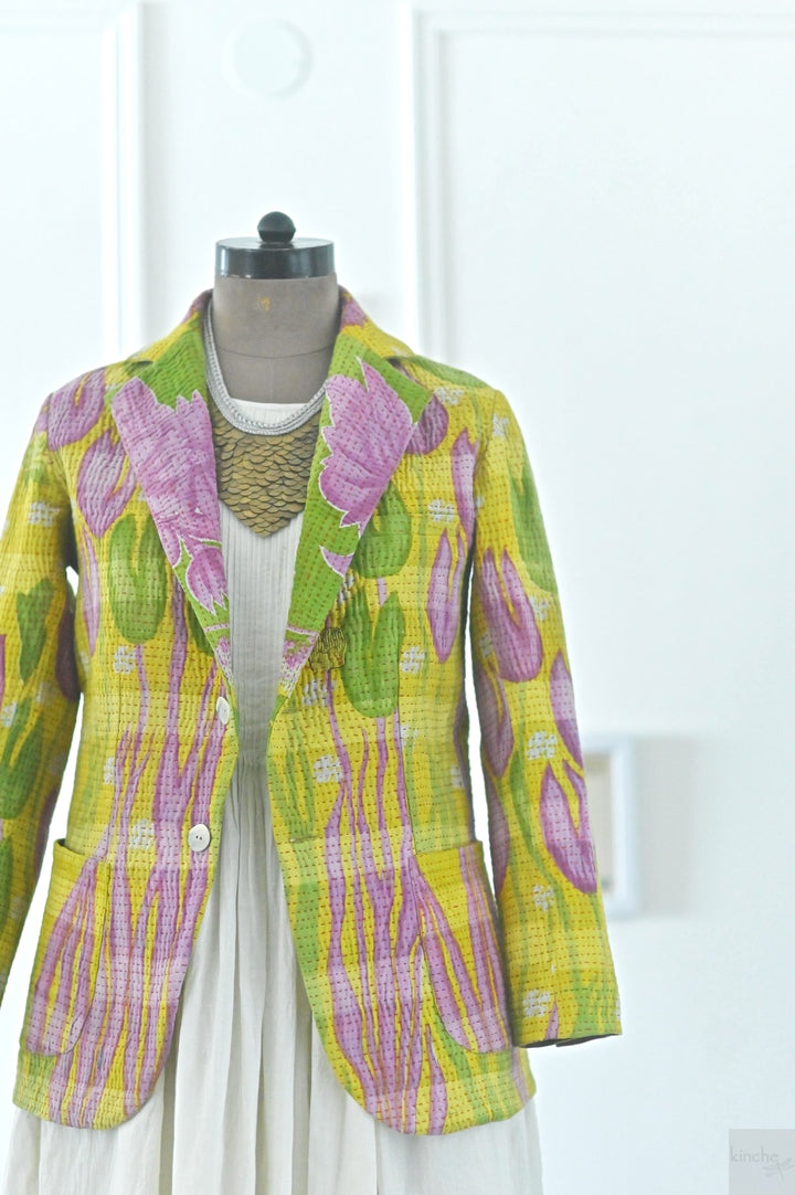 Medium, Noorie, Women's Stylish Kantha Quilted Blazer in Floral Print - kinchecom